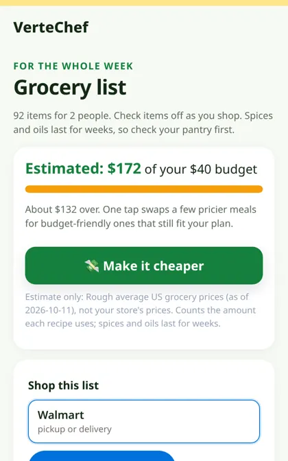 Budget mode showing an estimated grocery total